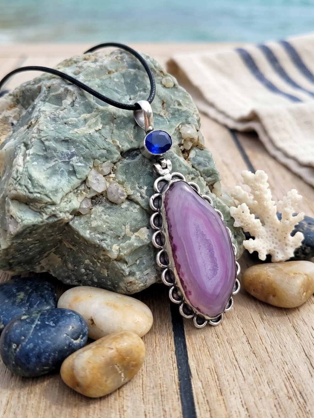 925 Sterling Silver Genuine Purple Agate Bohemian Pendant Necklace Adj 19"